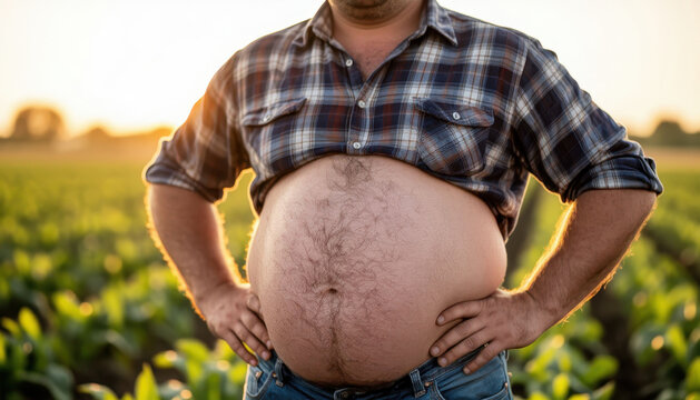A man stands in a field with green crops, showcasing a bare midriff. The man presents a relaxed posture against the sunset backdrop of the field.