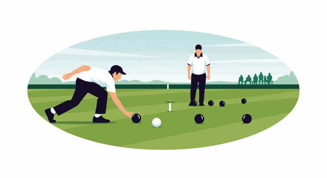 Players in white shirts and dark pants compete in a lawn bowling game on a green field under a cloudy sky