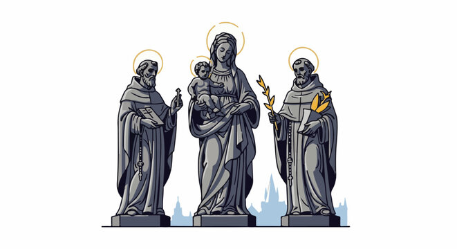 Pixel art statue of Mary with child flanked by two saints holding religious symbols