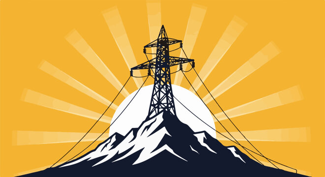 Power pylon stands tall on mountain peak beneath sunburst