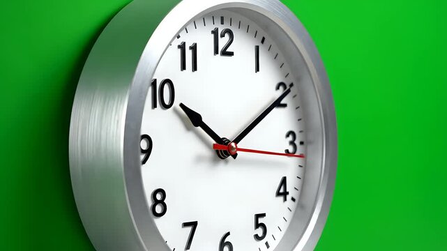 Close up of a silver analog clock on a green background.
