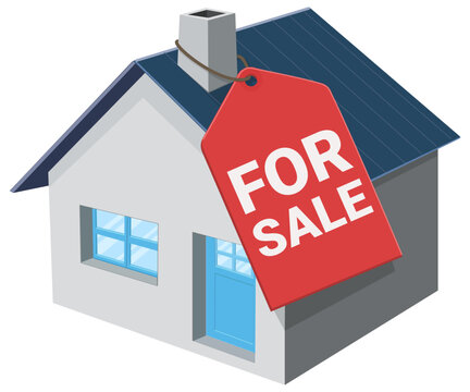 3D isometric house with a large red for sale tag attached to the chimney, representing real estate market, property listings, and home buying process (cut out)