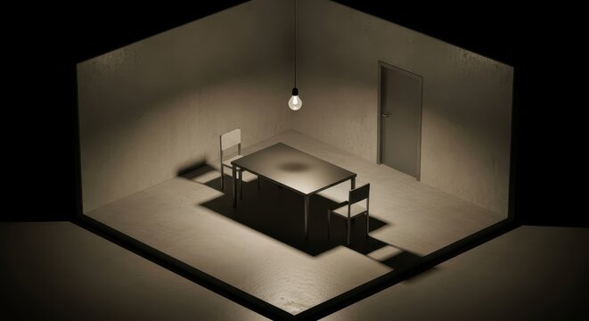 Dimly lit interrogation room features a solitary table and two chairs under a single hanging lightbulb.
