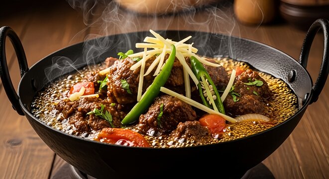 Sizzling mutton karahi with ginger and chilies in a traditional iron wok