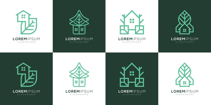 Collections of Eco Living House and Leaf Logo Design Inspirations. Modern Line Art Sustainable Housing Property Concept. Geometric abstract vector icon symbols.