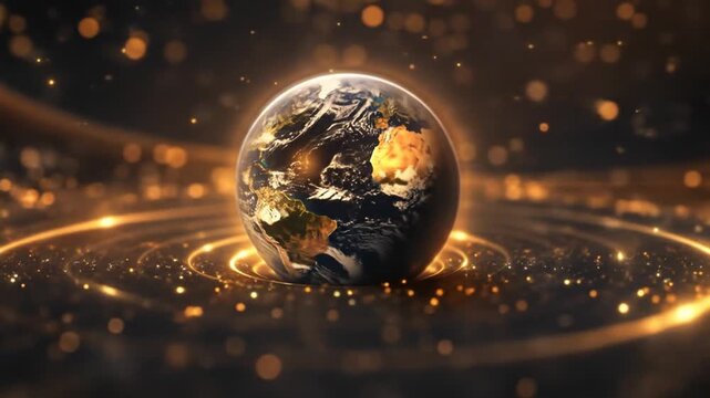 Abstract illustration of planet earth surrounded by golden particles