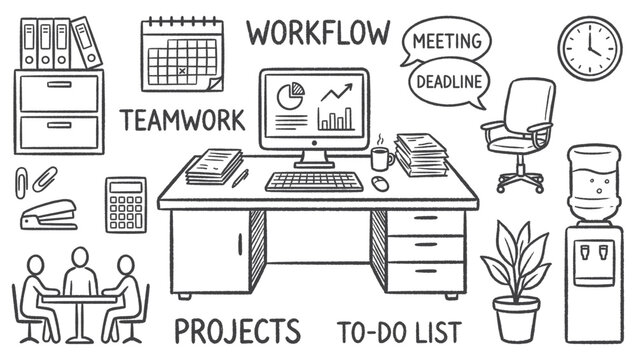 Hand Drawn Office Workspace and Business Workflow Concept Elements for Corporate Training and Teamwork Presentations