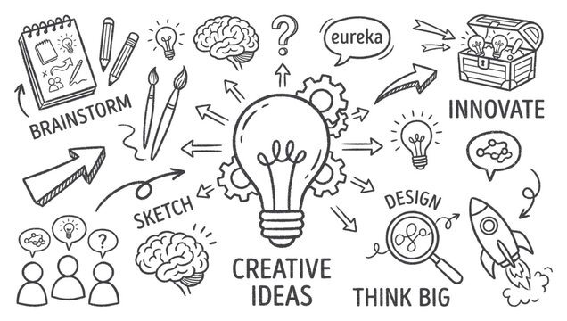 Hand Drawn Brainstorming and Creative Idea Concept Elements for Startup Business Presentation and Innovation Web Graphics