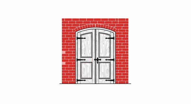 Rustic wooden double doors set in a red brick wall with arched top