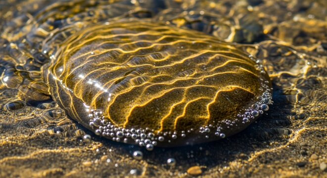 Brown limpet mollusk on rock surface.