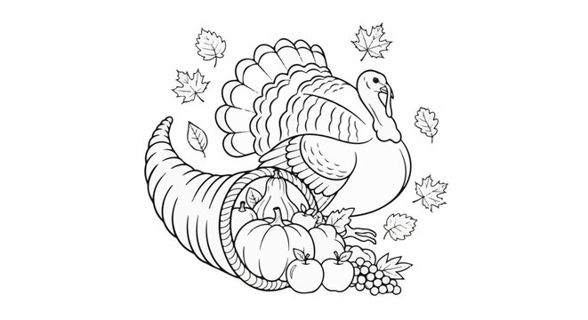 Turkey with horn of plenty overflowing with pumpkins, apples, and grapes