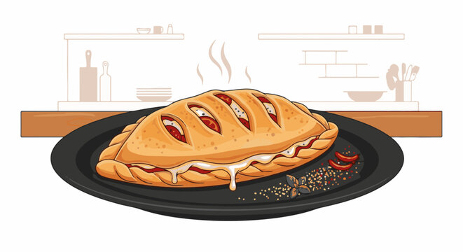 Golden calzone with bubbling cheese, herbs, and spices on a black plate