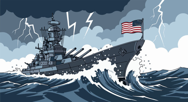 A battleship navigates rough seas under a stormy, lightning-filled sky