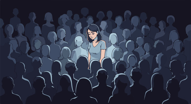 A solitary woman stands out in a crowd of shadowy figures
