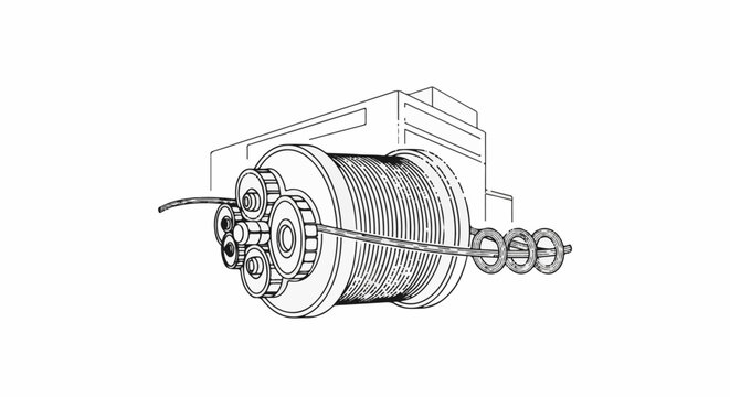 Detailed line drawing of a mechanical spool with coiled wire and guiding rollers