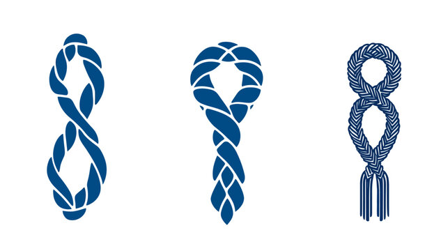 Three stylized, dark blue nautical rope knots on a white background, representing various knot types