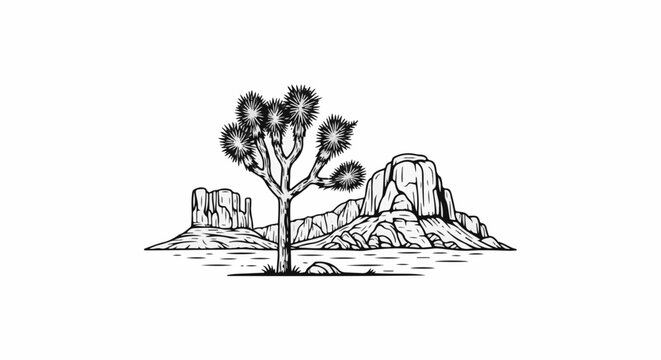 Stylized desert landscape with a Joshua tree and rock formations