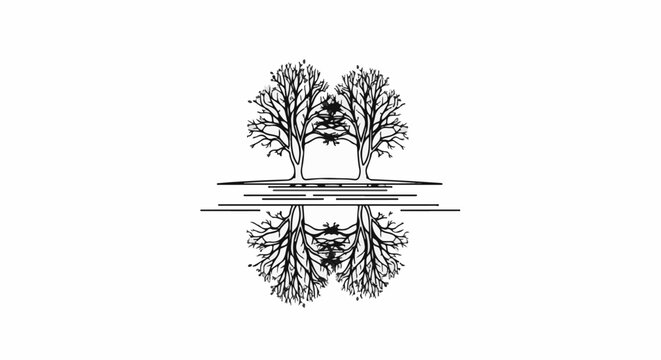 Symmetric bare trees reflecting in water, stylized branches above and below