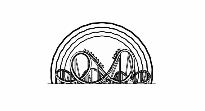 Stylized roller coaster with multiple loops and inversions under a rainbow arch