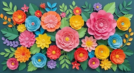 Naklejka premium Vibrant Paper Flowers and Leaves Arrangement on Dark Teal Background
