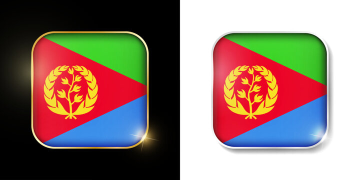 Eritrea flag shiny golden and silver icons isolated on black and white. Vector 3D square rounded illuminated buttons with shadow. Use for bets, tournament, sport games