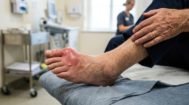 Podagra condition state: swollen toe, inflamed joint, acute flare, painful foot, uric acid deposit, tophus presence, health problem, medical examination, elderly patient, painful diagnosis.