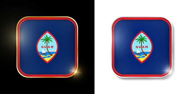 Guam flag shiny golden and silver icons isolated on black and white. Vector 3D square rounded illuminated buttons with shadow. Use for bets, tournament, sport games