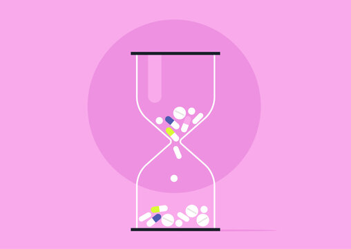Colorful pills swirl inside a transparent hourglass, set against a soft pink background, This lively scene represents the passage of time and the importance of health.