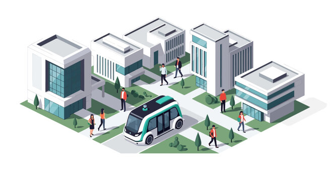 Isometric Smart City Illustration with Autonomous Electric Shuttle, Modern Architecture, and Pedestrians in a Future Urban Environment