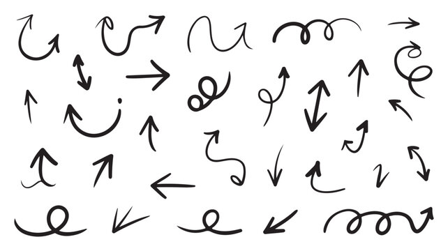Set of hand drawn black arrows with various shapes and directions including straight squiggly and curly lines for design elements and business presentation highlights