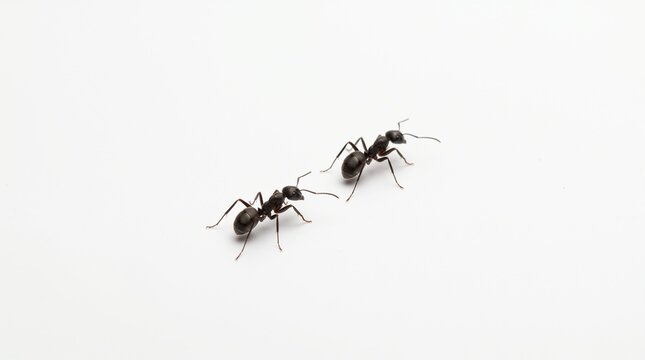 Two black ants side by side on white background, segmented bodies with head, thorax, abdomen, six legs, antennae, walking in same direction, simple minimal insect depiction.