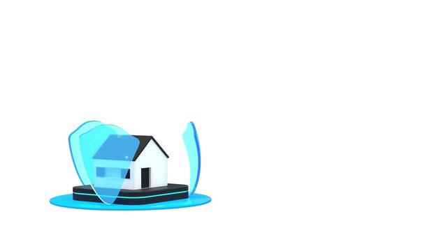 A house protected by an alarm with 3 shields rotating around it - alpha mask - 3D rendering