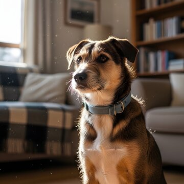 A domesticated canine companion sits serenely bathed in the warm glow of natural sunlight, looking attentively into the distance