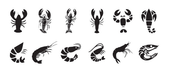 Fototapeta premium Shrimp and lobster set black silhouette icons, seafood vector elements, prawn, crayfish symbol
