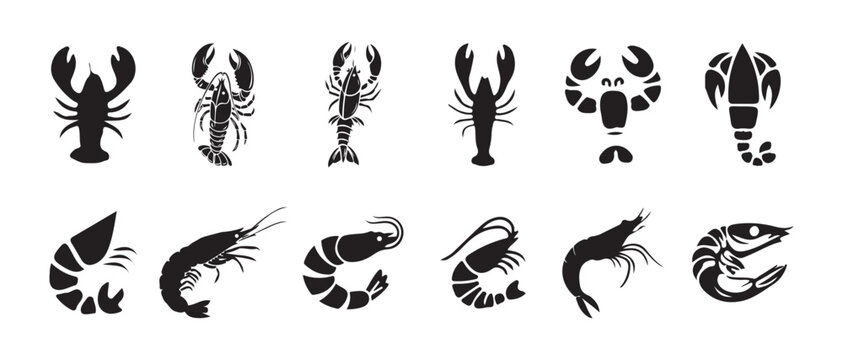 Shrimp and lobster set black silhouette icons, seafood vector elements, prawn, crayfish symbol