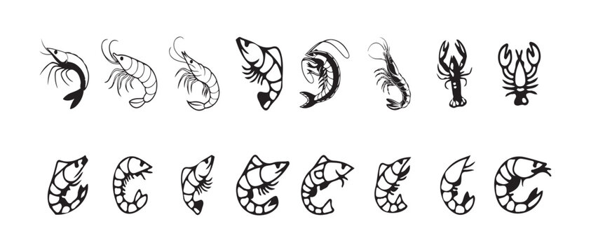 Shrimp and lobster black and white vector icons set, seafood elements, prawn and crayfish