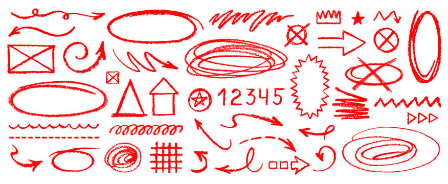 Circle oval chalk highlight. Hand drawn line circle and oval by pencil marker crayon pen brush chalk. Rough round underline sketch. Outline doodle png bg. Red color text box handwriting marker vector