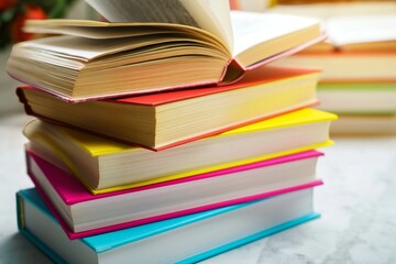 Fototapeta premium Colorful Stack of Open and Closed Books on a Table With a Blurred Background of More Books