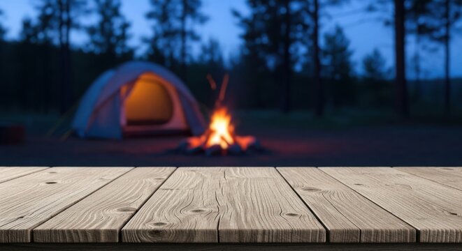 Cozy camping scene with glowing campfire and tent in the woods, illuminated by twilight. Camping atmosphere with warm firelight and serene nature surroundings creates peaceful outdoor experience.