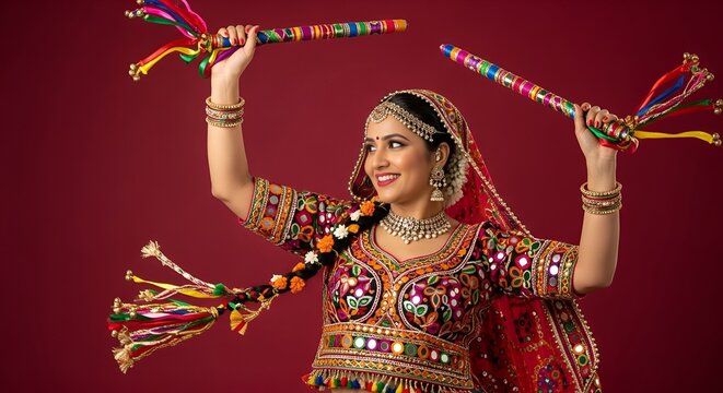 Indian Woman Performing Garba Dance with Dandiya Sticks