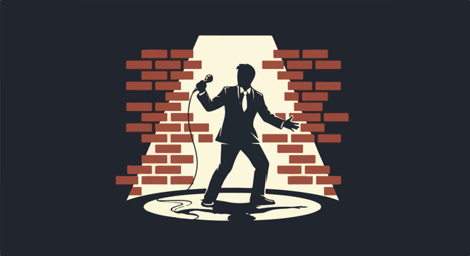 Silhouette of a man in a suit holding a microphone and performing on a stage