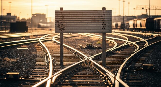 Railway tracks with signboard during golden hour. Train tracks create intersection and pathways leading to distant train cars in background.