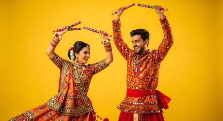 Happy Indian couple dancing Garba with dandiya sticks during Navratri festival