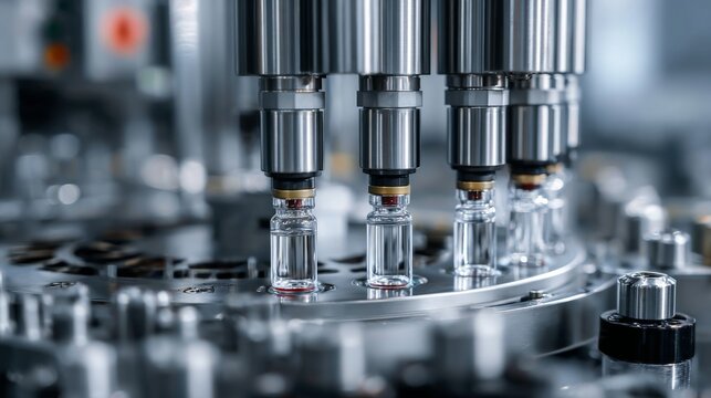 Sterile pharmaceutical glass vials under automated filling machine in modern medical production facility