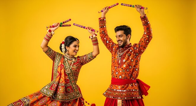 Happy Indian couple dancing Garba with dandiya sticks during Navratri festival
