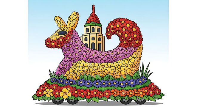 Vibrant floral float with squirrel decoration.