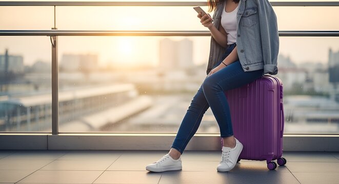 Young woman with smartphone and purple suitcase at airport, travel concept