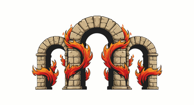 Pixelated stone arches engulfed in vibrant, stylized flames