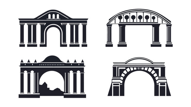 Four black and white illustrations of archways with pillars and various architectural features