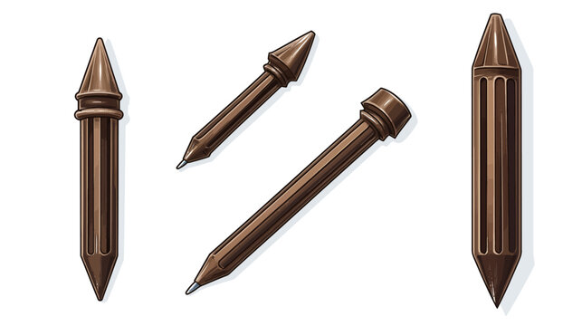 Stylized, brown writing tools a collection of three pens and pencils with sharp, angular tips